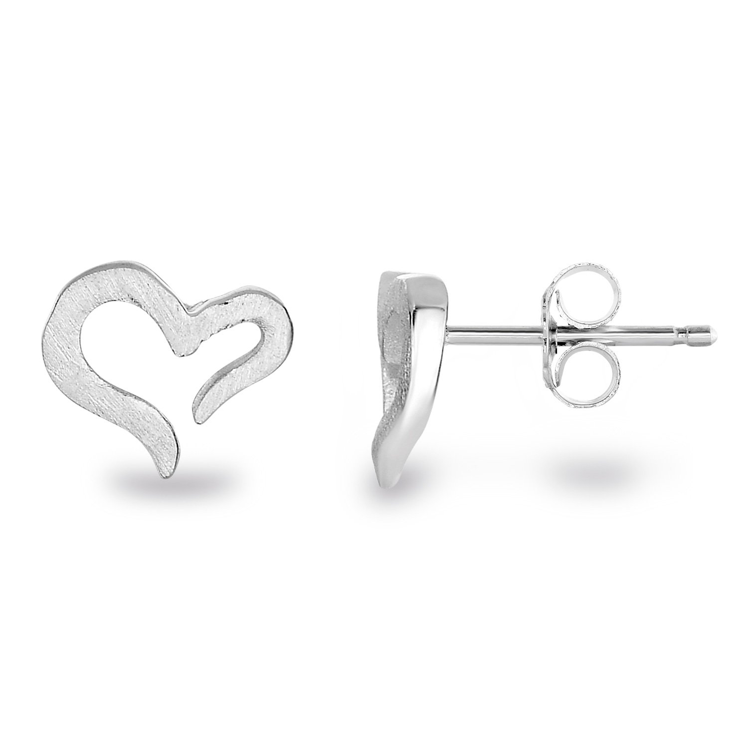 Rhodium Plated Sterling Silver Matte Finish Brushed Texture Hollow Open Heart Stud Earrings
