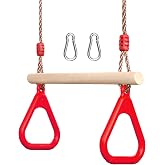 PELLOR Wooden Trapeze Bar for Swing Set - Hanging Bar for Kids | Kids Trapeze Bar with Rings, Monkey Bars, 43.3in-77.95inch Adjustable Height, for Ninja Warrior Obstacle Course