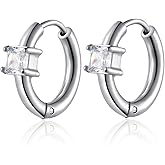 BIYONGDE Stainless Steel Silver Color Huggie Hoop Earrings with Solitaire Cubic Zirconia Stone, Small Hinged Hoops with Sparkling Square CZ Stone, Classic and Chic Design for Unisex