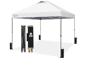 CROWN SHADES 10x10 Pop Up Canopy - Patented Center Lock One Push Instant Outdoor Canopy Beach Tent with STO-N-Go Bag 8 Stakes & 4 Sand Bags，White