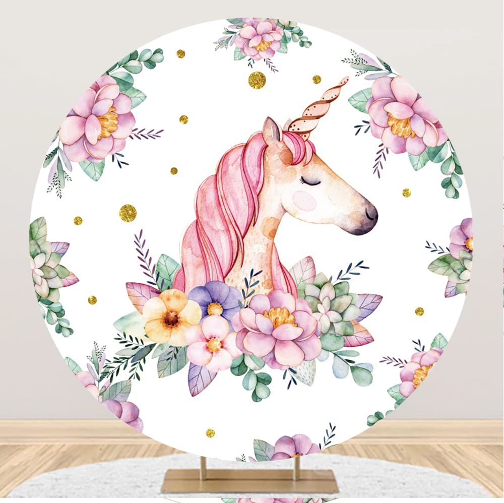 Aoihrraan 5ft Diameter Unicorn Round Backdrop for Photography Watercolor Unicorn Blossom Golden Spot Colorful Natural Flower Background for 1st 2nd Girl Birthday Party Kid Children Baby Shower Props
