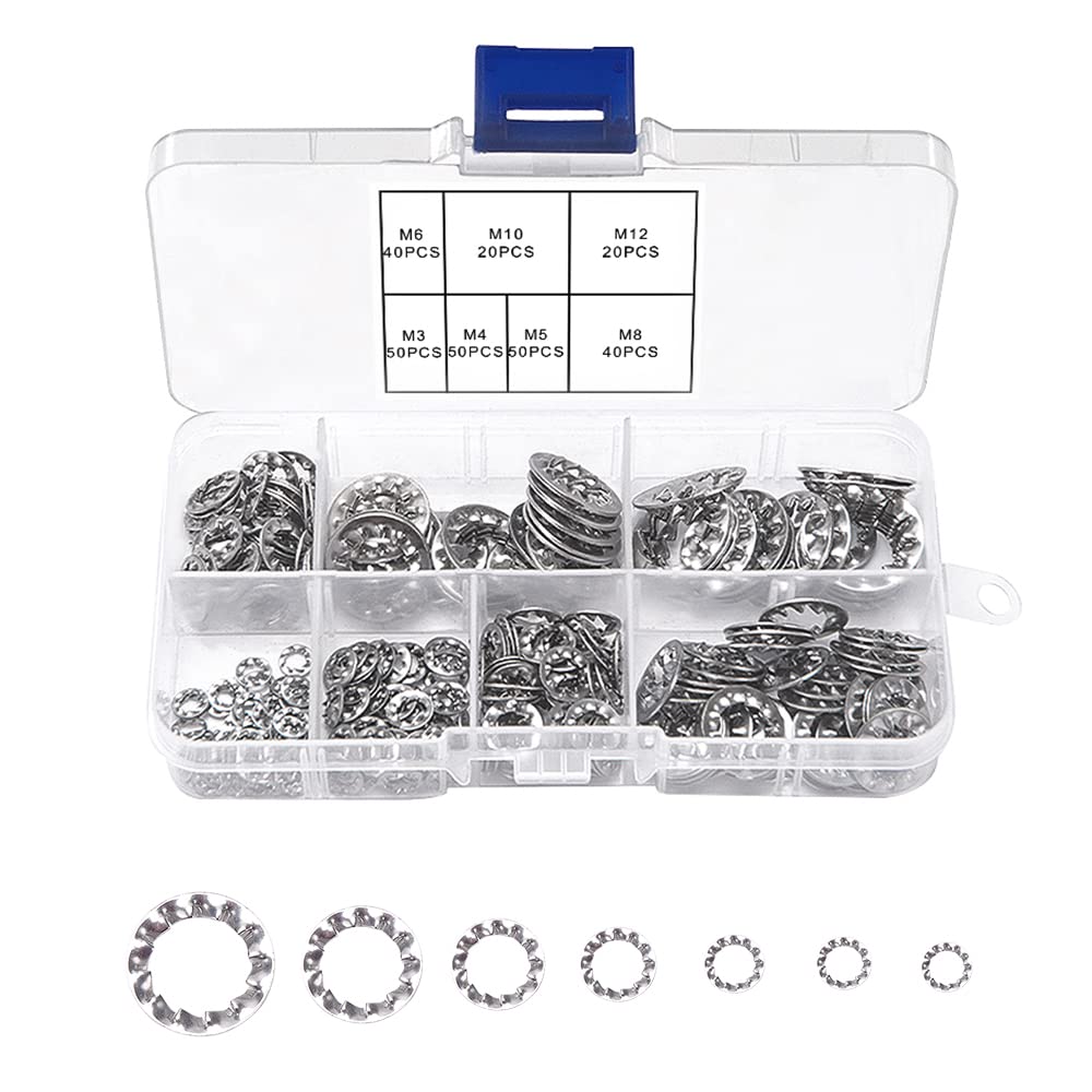 VooGenzek 270 PCS Internal Star Tooth Lock Washers, Serrated Star Washers, Shakeproof Washer, Push On Speed Clips Fasteners Assortment Kit, 7 Size M3 M4 M5 M6 M8 M10 M12