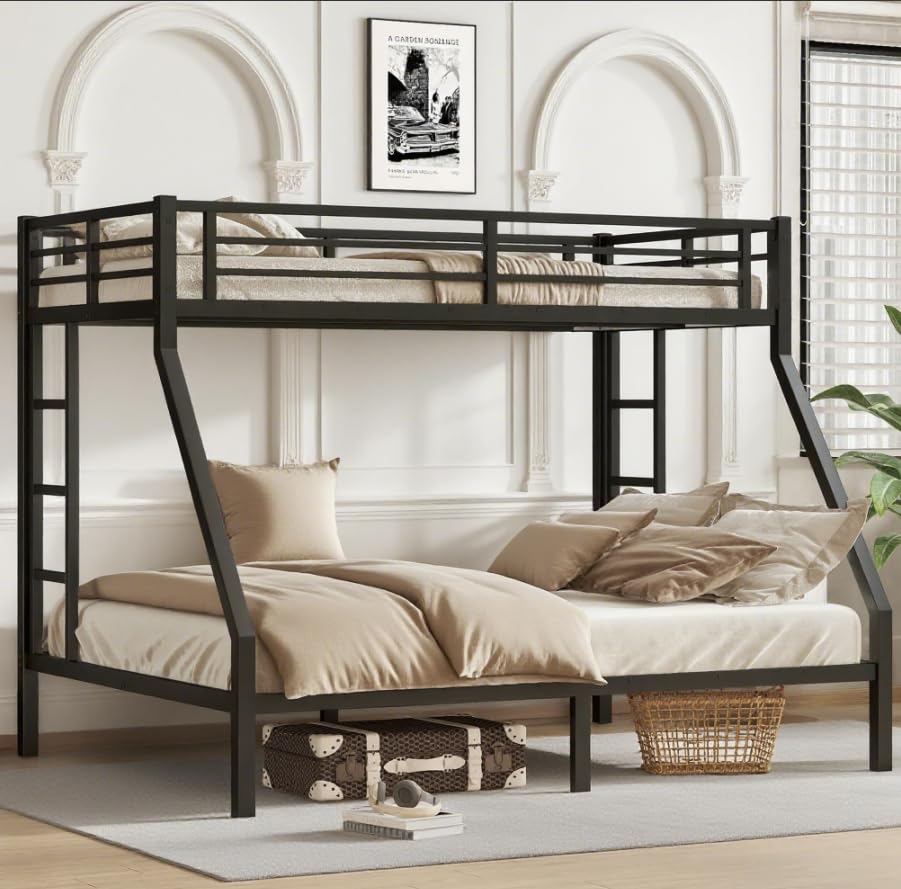 Photo 1 of Bellemave Metal Twin XL Over Queen bunk Bed, Twin XL Over Queen Bunk Bed Frame with Ladder and Safety Guardrails, Space-Saving, Black
