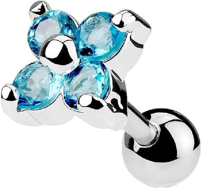 PiercedOff316L Surgical Steel Cartilage Barbell with Aqua Crystal Flower - Thickness 16GA (1.2mm) / Length 6mm / Ball Size 4mm / Flower Size 6mm