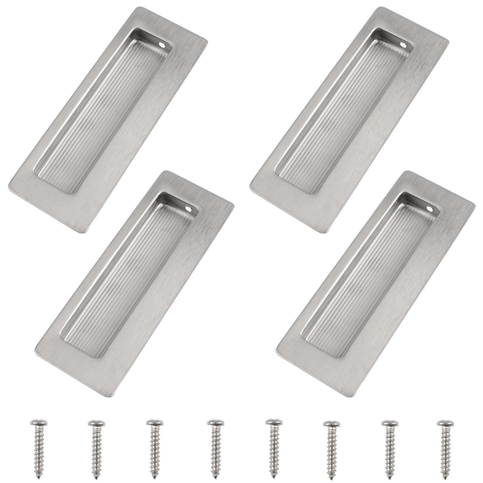 MOROBOR 4PCS Rectangular Concealed Recessed Pulls Handles, Embedded Design Sliding Door Handle with Screws, Stainless Steel Hidden Flush Pulls for Wardrobe Drawer (Brushed Silver/115mm)