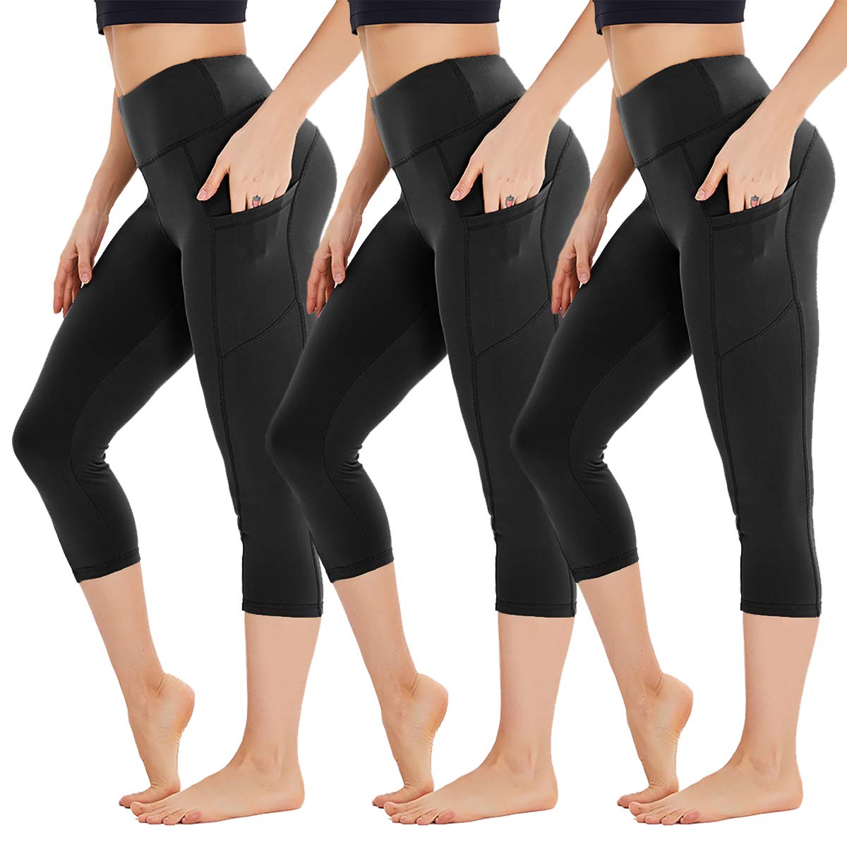 3 Pack Capri Leggings for Women with Pockets - High Waist Workout Running Yoga Pants Image