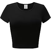 OThread & Co. Women's Short Sleeve Crew Neck Crop Top Basic Comfy Stretch Tee