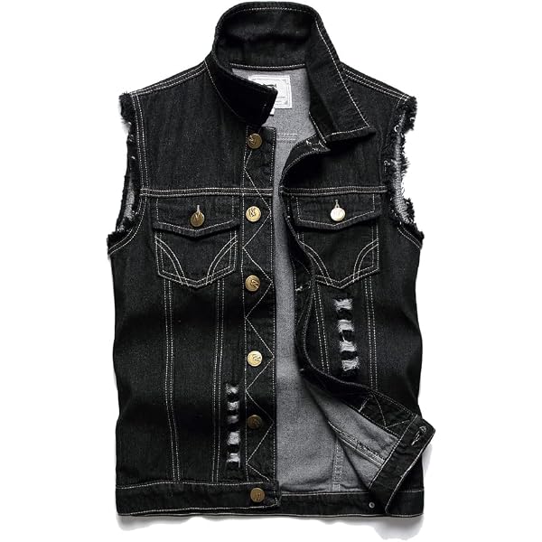 Men’s Ripped Sleeveless Denim Vest – Black, Slim Fit, Button Closure, Plus Size