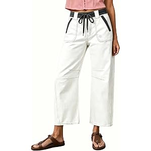 Flamingals Mid Waist Barrel Leg Crop Pants for Women | Contrast Binding Drawstring Casual Trendy Loose Fit Pants Without Belt