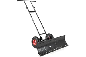 Goplus 36” Wide Snow Shovel for Driveway, Heavy-Duty Metal Snow Plow w/ 7-Position Angled Blade, Ergonomic Handle & Rubber Wheels for Efficient Snow Removal, Back Saver Snow Plow for Doorway Sidewalk