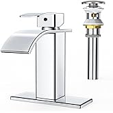 RUACQ Waterfall Bathroom Faucet,Single Handle Bathroom Sink Faucets for 1 or 3 Hole, Stainless Steel Washbasin Mixer Tap with Deck,Pop-up Drain and Supply Hoses (Chrome)