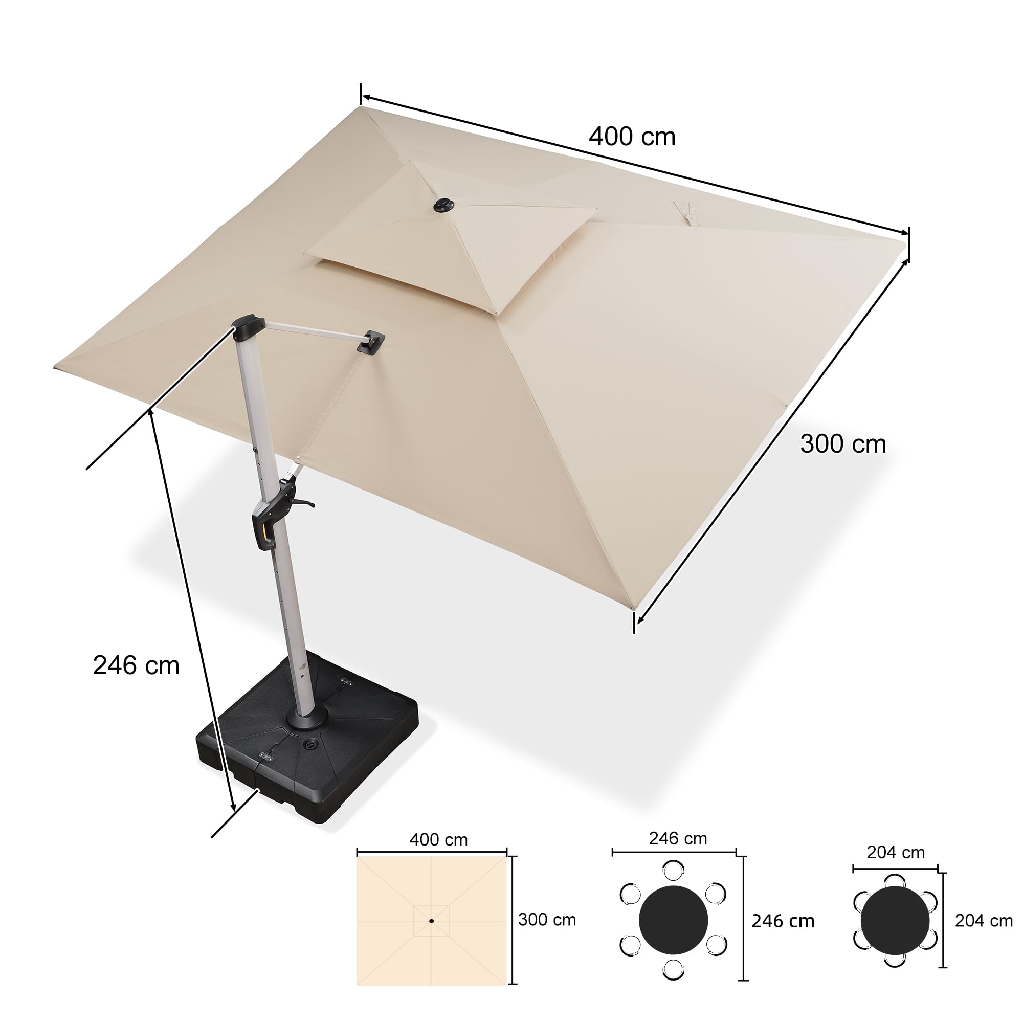 PURPLE LEAF Sonnenschirm Rechteckig 300 x 400 cm mit Ständer Ampelschirm Stabil Marktschirm Groß 360°Rotation, Gartenschirm mit Kurbel XXL Sonnenschutz UV50+, Beige 6