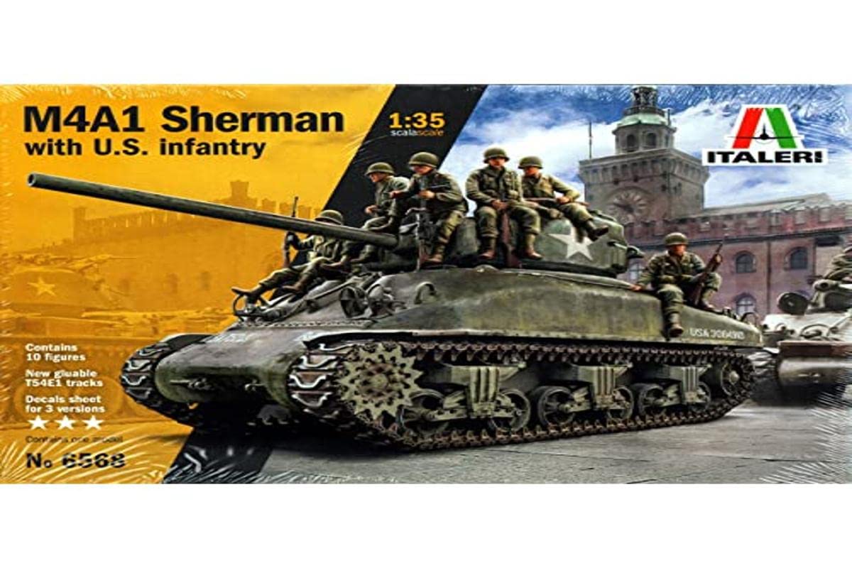 ITALERI 6568S - 1:35 M4A1 Sherman with U.S. Infantry, Model Building, Kit, Standing Model Building, Crafts, Hobby, Gluing, Plastic Kit, Unpainted