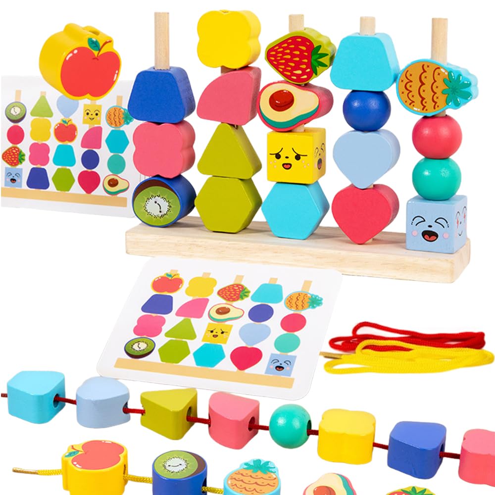 Montessori Wooden Beads Sequencing Toy Set, Threading Beads Stacking Blocks Learning Set, Toddler Threading Toys for 2 Year Olds, Shape Sorter,Travel Educational Toys, Stacking Gifts for Boys Girls