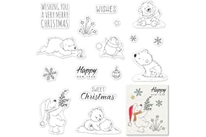 THREETOLS Christmas Happy New Year Clear Stamps for Card Making with Sentiments Words, Winter Bear Snowflake Flower Clear Rubber Stamp for Holiday Card Making Decoration and DIY Scrapbooking Album DIY Crafts