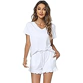 WiWi Womens Pajamas Set Bamboo Viscose Super Soft Short Sleeve Top Ruffle Shorts Sleepwear Cooling Pj Sets S-XXL