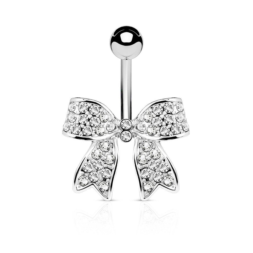 PiercedOff 316L Surgical Steel Belly Bar with Clear CZ Ribbon