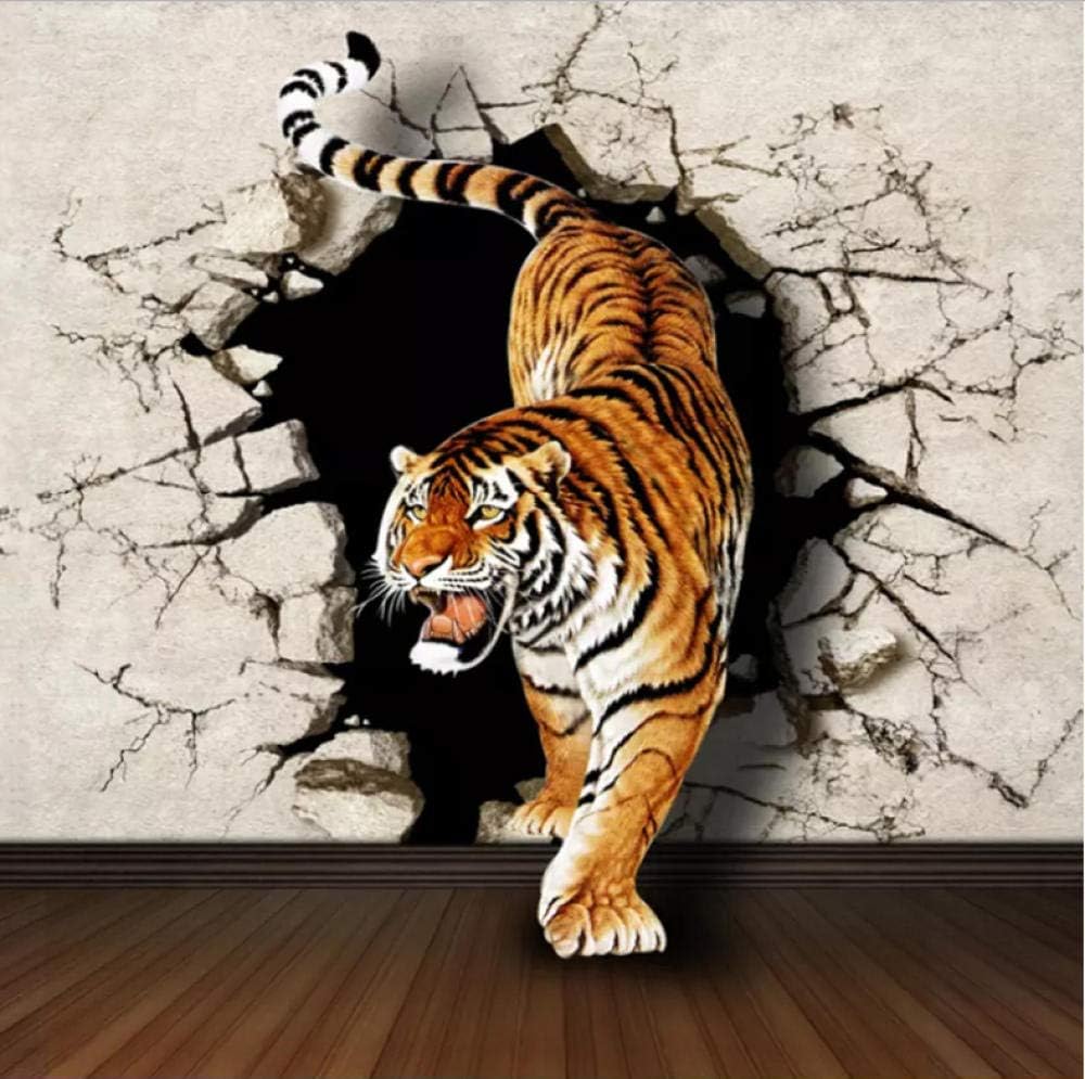 Benutzerdefinierte Wandbild Wandaufkleber Tiger Gebrochene Wand 3D