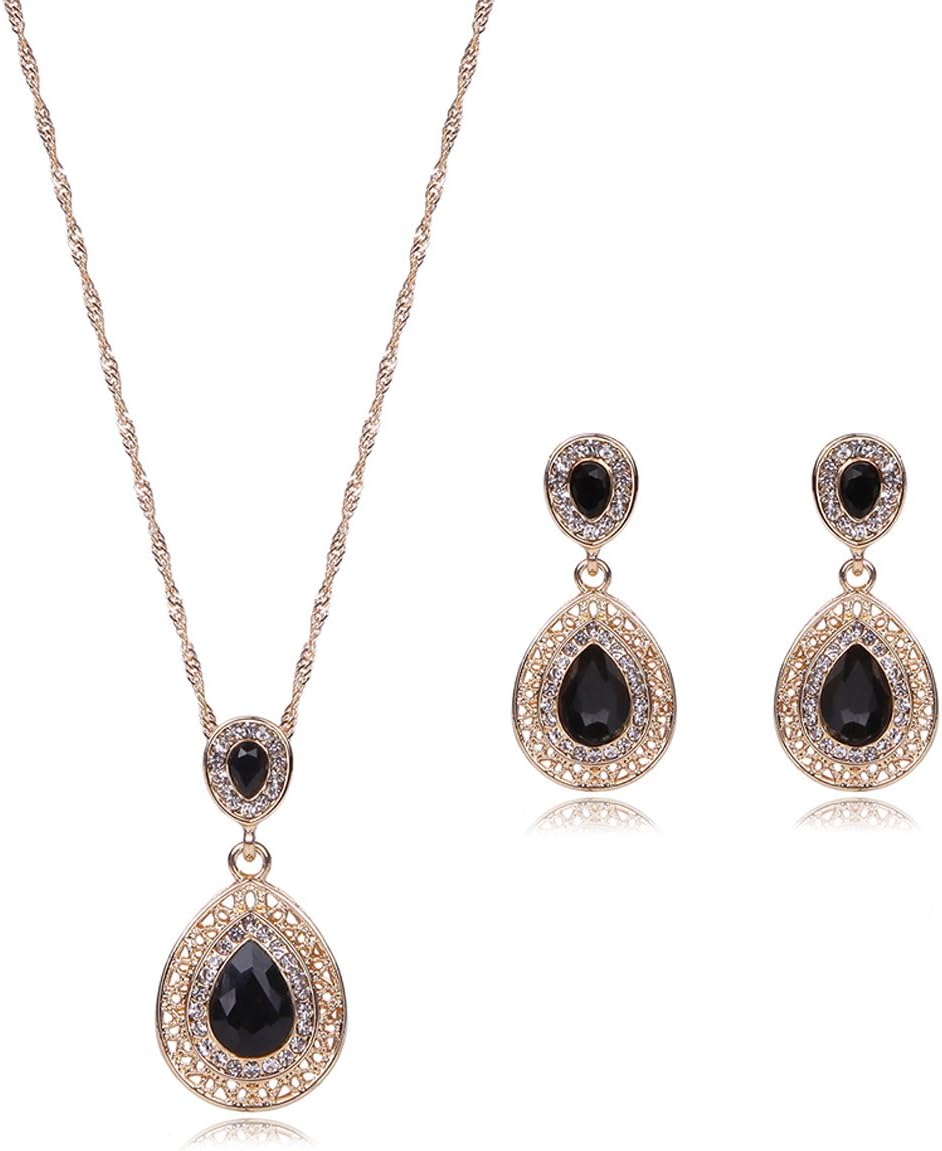 OUFO Crystal Jewelry Sets for Women Girls Rhinestone Necklace and Earrings Gold Plated Pendant Elegant Necklaces Set for Wedding (Black/Red)