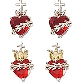 Magibeads 4Pcs Heart of Thorns Cross Glass Pendants Red Sacred Heart Brass Charms for Valentines Day DIY Jewelry Making Earring Necklace Bracelet Keychains Crafts
