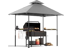 FUNG YARD 8x5 Grill Gazebo - Outdoor BBQ Canopy Shelter Party Tent with Double Tiered Vented Top and 2 Side Shelves for Patio Backyard Grilling Barbecue Picnic, Grey
