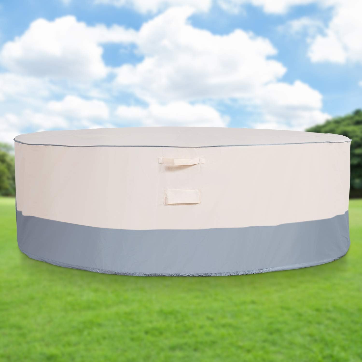 Waterproof Patio Table Cover Heavy-Duty Outdoor Round Picnic Table Cover Beige Grey 84'' X 27.5'' Outside Furniture Cover Dust-Resistant UV-Resistant for Deck, Lawn, Backyard, Zadst Cycle FC-01Rtb : Garden & Outdoor