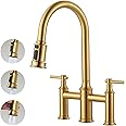 Bridge Kitchen Faucet Brushed Gold: 3 Holes Brass Bridge Faucet with Pull Down Sprayer - Two Handles 8 Inch Centerset Kitchen Sink Faucet, 360° Swivel Spout