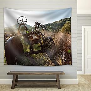 Antique Farm Equipment and Old Hay Rake at Sunrise, Italy - Fabric Wall Tapestry Home Decor - 51x60 inches