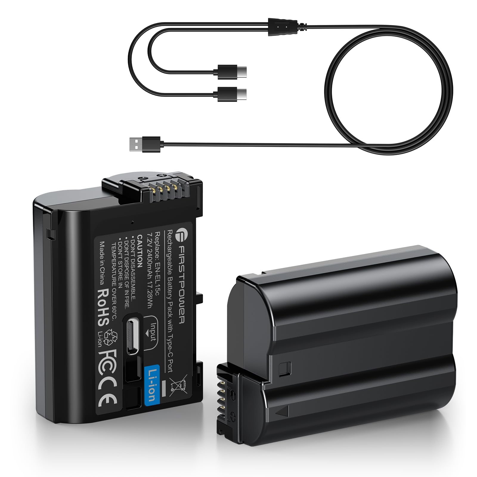Photo 1 of FirstPower EN-EL15C 2400mAh 2-Pack Replacement Battery with USB-C Fast Charging Port for Nikon Zf Z5 Z6 Z6 II Z7 Z7II Z8 D7000 D7100 D7200 D7500 D500 D600 D610 D750 D780 D800 D850 D800E D810 D810A 1V1