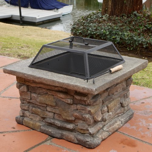 Elegant 29″ Outdoor Patio Firepit w/ Iron Fire Bowl, Stone Base, & Mesh Cover