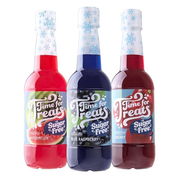 TIME FOR TREATS 3-PACK SUGAR FREE CHERRY, BLUE RASPBERRY, WATERMELON SYRUP 16.9 FLUID OUNCE PER BOTTLE FOR SNOW CONES, HOMEMADE SODAS, COCKTAILS, COFFEE, BAKING AND MORE