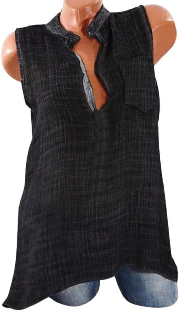 HGWXX7 Women's Solid Sleeveless Button Pocket Linen Blouse Vest Shirt Tank Tops