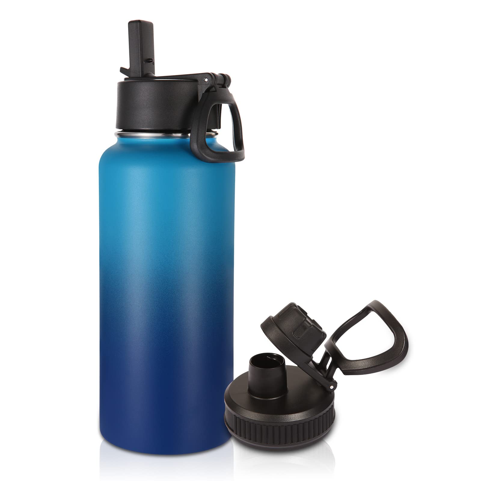 Volhoply 1 Litre Water Bottle with Straw Lid & Spout Lid,Insulated Sports Water Bottle,Double Wall Vacuum Stainless Steel Tumbler,Leak Proof Wide Mouth Metal Flask,Keeps Cold or Hot(Green Blue,1)