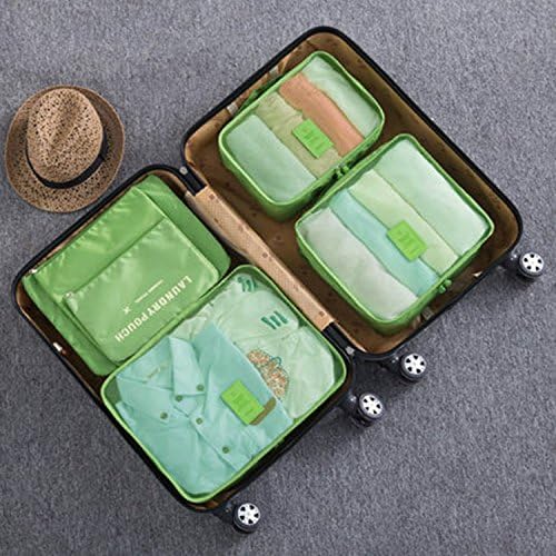 6pc Waterproof Travel Luggage Organizer Storage bag Durable Packing Compression Pouches 3 Travel Cubes + 3 Pouches (Green)