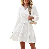 ETOSELL 2026 Womens Mini Dresses Long Sleeve Casual V Neck Empire Waist Ruffle Swing A-Line Dress with Button Decoration