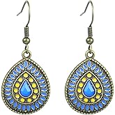 Handmade Boho Teardrop Earrings for Women Unique Tribal Ethnic Colorful Vintage Antique Enamel Waterdrop Dangle Drop Statement Earrings All-match Sculpted Water Drop Jewelry Gifts
