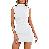OWIN Women's Sexy Summer Casual Mock Neck Dresses Sleeveless Ruched Bodycon Cocktail Party Mini Dress