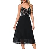 dasmzper Women’s Sequin Spaghetti Strap Pleated Midi Dress Elegant V Neck Sleeveless Cocktail Party Dress
