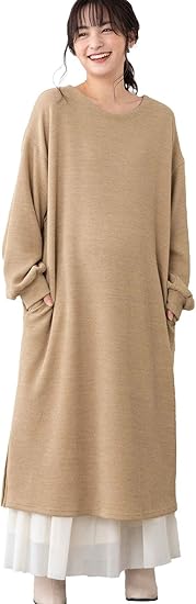 Amazon Co Jp Angeliebe エンジェリーベ マタニティ 授乳服 ワンピース ボリューム スリーブ ニットソー らくちん ロング ワンピース 産前 産後 長袖 ポケット付き フリー ベージュ 服 ファッション小物