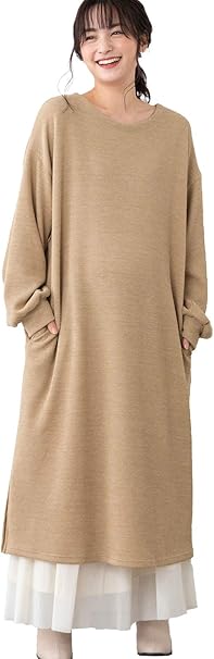 Amazon Co Jp Angeliebe エンジェリーベ マタニティ 授乳服 ワンピース ボリューム スリーブ ニットソー らくちん ロングワンピース 産前 産後 長袖 ポケット付き フリー ベージュ 服 ファッション小物