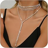 CLOORDE Long Rhinestone Lariat Necklace for Women Sparkly Black Silver Rhinestone Long Y Shape Necklace Trendy Wedding Bridal Choker Prom Party Wedding Guest Dress Jewelry Accessories