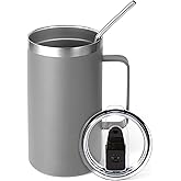 Volhoply 24oz Insulated Coffee Mug with Lid and Straw, Stainless Steel Travel Mugs with Handle, Double Wall Vacuum Leak Proof Coffee Tumbler Cup (Gray,1)