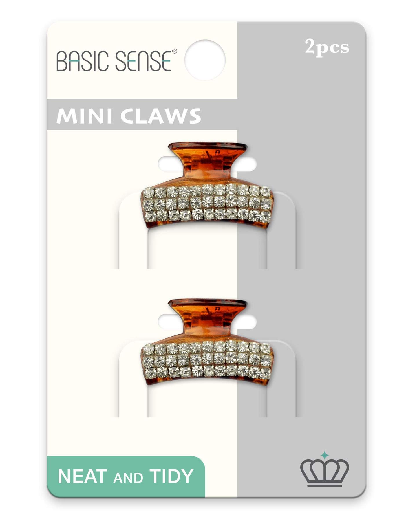 2 Pieces Shiny Mini Diamante Crystal Long Rectangle 1.18inch -3cm Hair Claw Clips Clamp, Tortoise Brown