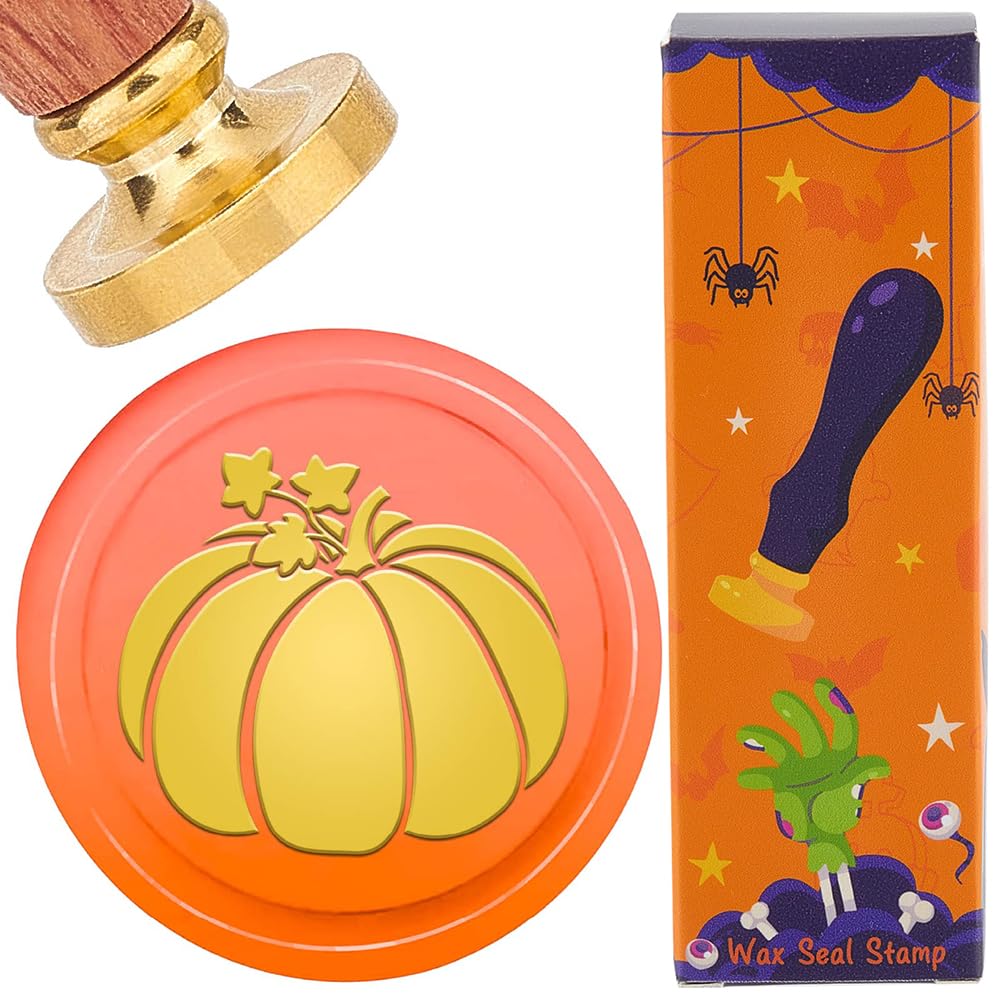 CRASPIRE Halloween Pumpkin Leaves Wax Seal Stamp 25mm Autumn Round Sealing Wax Stamps Vintage Removable Brass Head with Wood Handle for Thanksgiving Day Wedding Envelopes Invitations Decor Gift — image 1