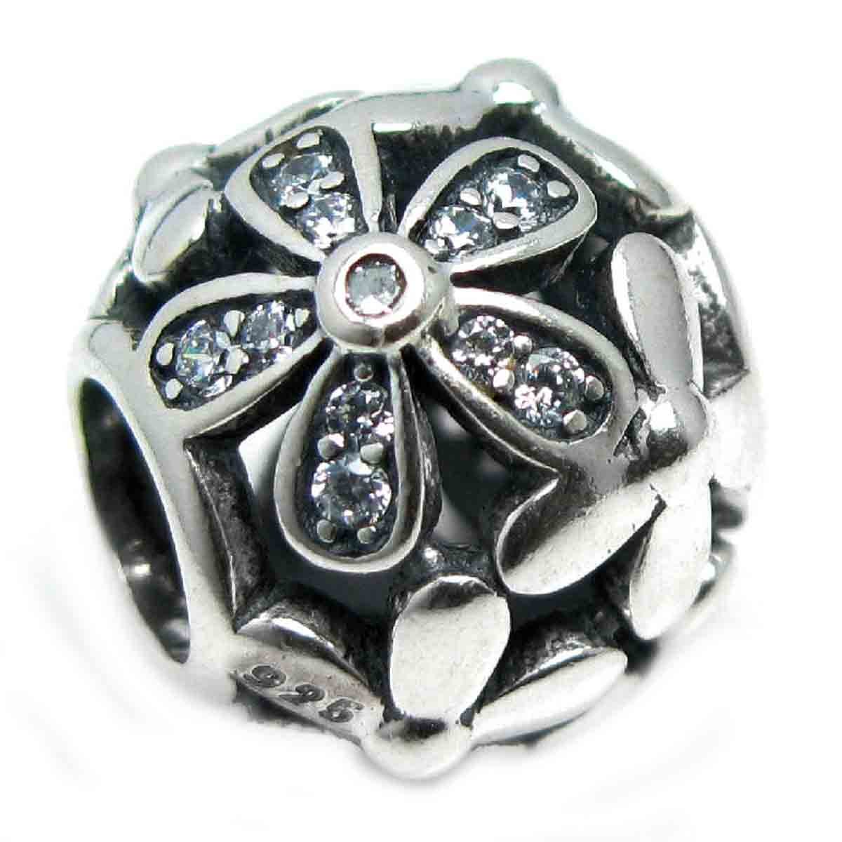 Queenberry Sterling Silver Daisy Flower Blossom Cubic Zirconia European Style Bead Charm