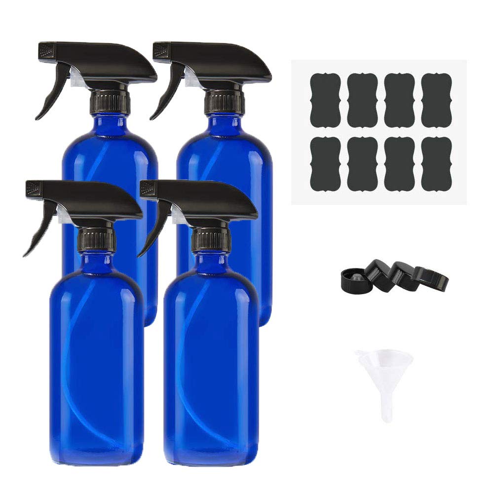 AMYHOM Empty Refillable Blue Glass Spray Bottles of 4 Pack 16 oz for Essential Oil, Aromatherapy, Cleaning Products, Perfume, Alcohol Sterilizer, with 4 Free Sprayers, 4 Caps