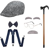 Old Man Costume Grandpa Accessories Set with Old Man Glasses Suspenders Bow Tie Cane Hat