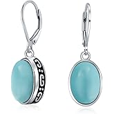 Boho Western Style Gemstone Oval Lever Back Drop Dangle Earrings For Women .925 Sterling Silver Semi Birthstone Colors