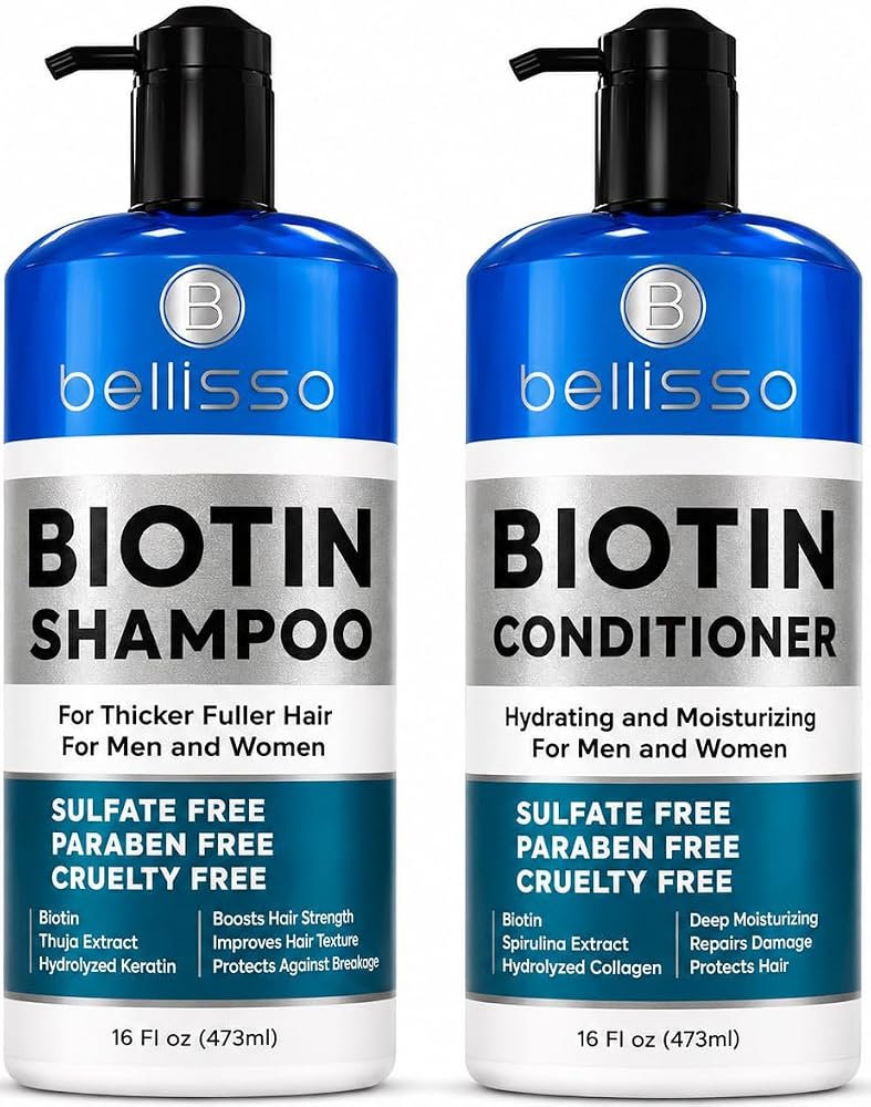BELLISSO Biotin Shampoo and Conditioner Set - Sulfate & Paraben Free | Hair Thickening & Volumizing with Added Keratin to Hel