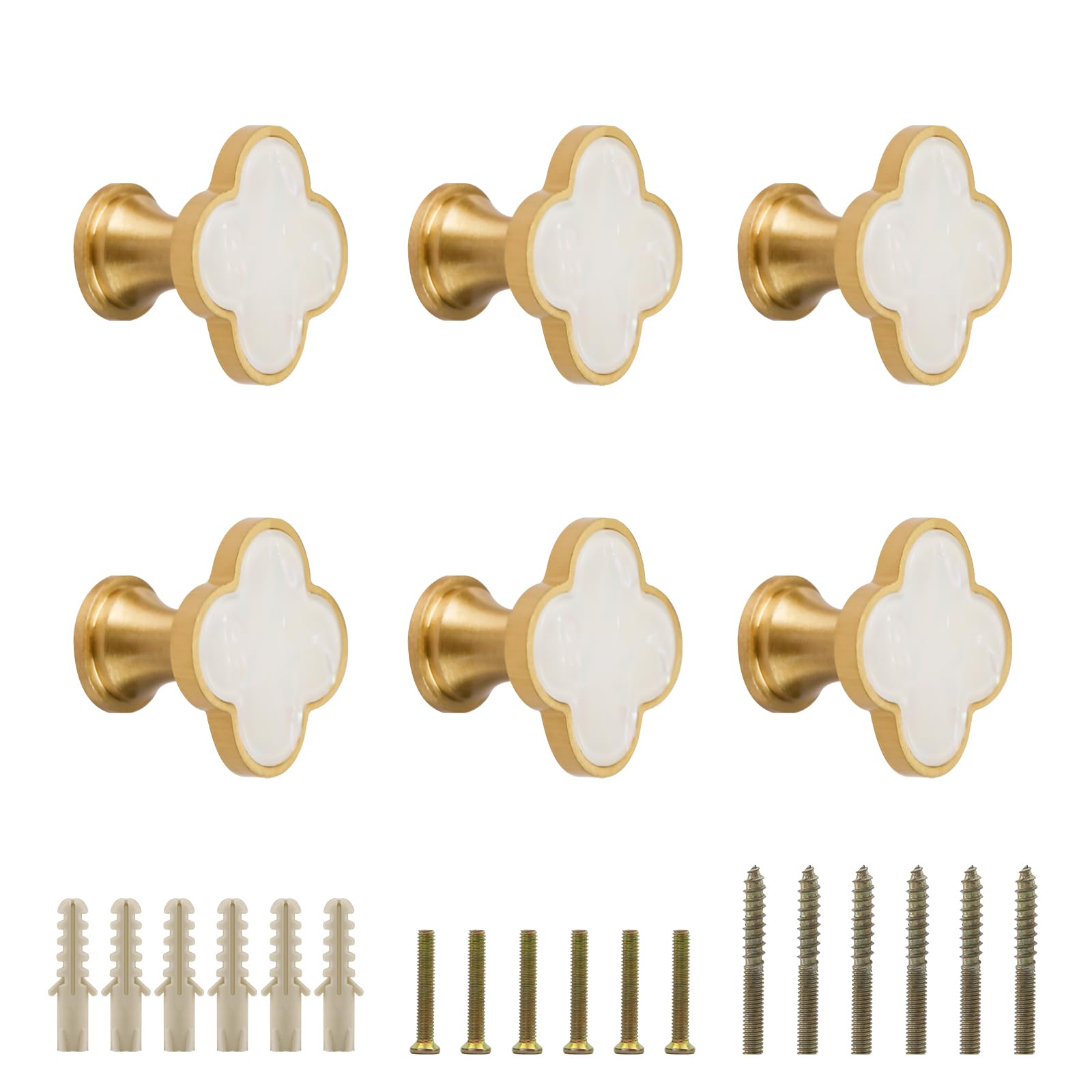 EVERGD 27mm Pure Copper Handle Shell Brass Gold Wardrobe Kitchen Cabinet Door Knobs Drawer Cupboard Hardware Pull Handle Clothes Coat Hook Modern Simple (6, Four-Leaf-Pearl Rainbow)